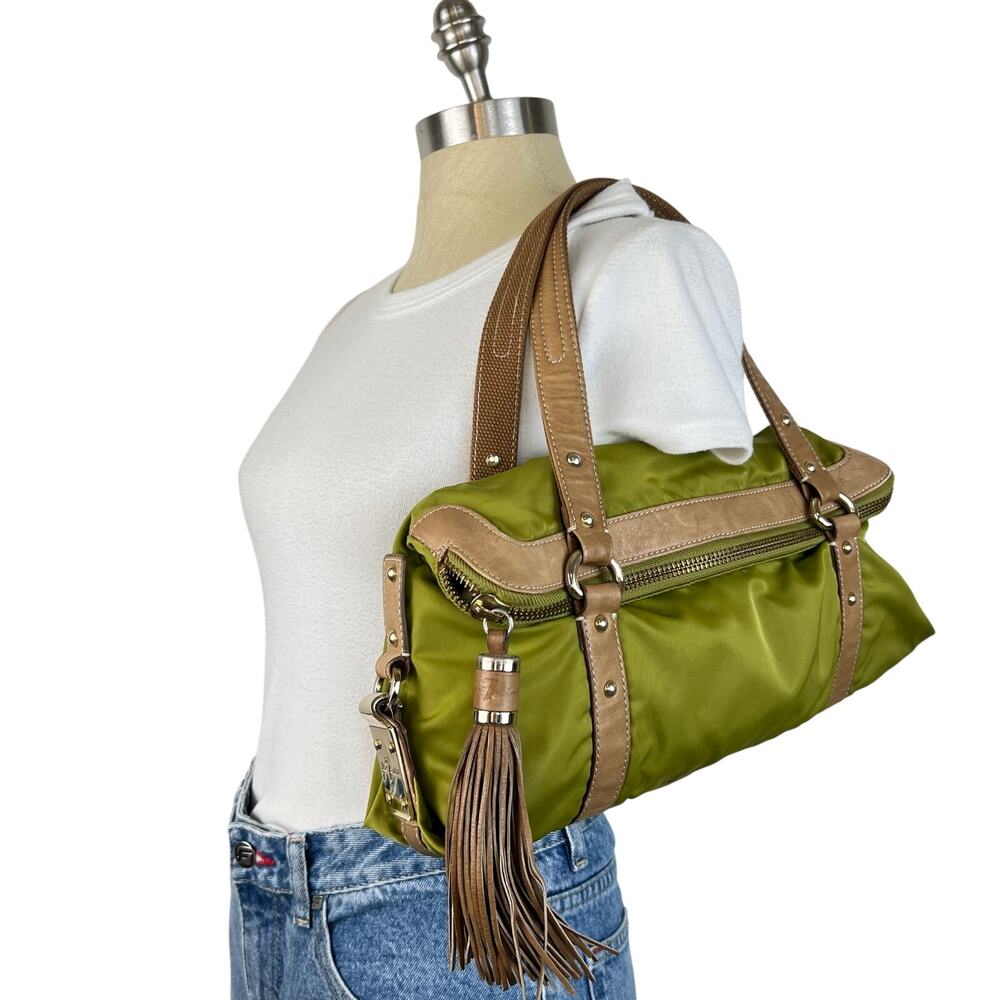7 For All Mankind Green Nylon and Leather Foldover Satchel with Fringe Detail